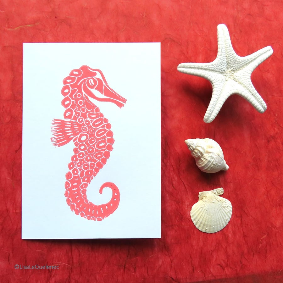 Hand printed seahorse in coral pink blank artist art card
