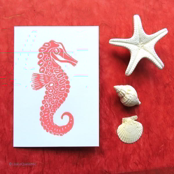 Hand printed seahorse in coral pink blank artist art card