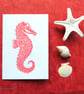 Hand printed seahorse in coral pink blank artist art card