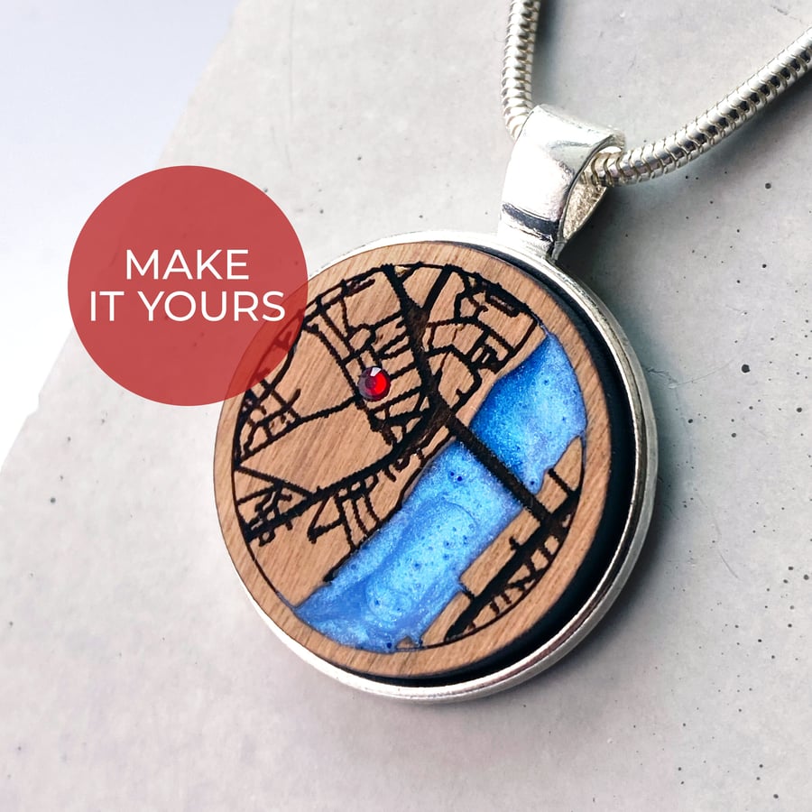 Customised Wood Map Necklace - Personalised Engraved Charm 