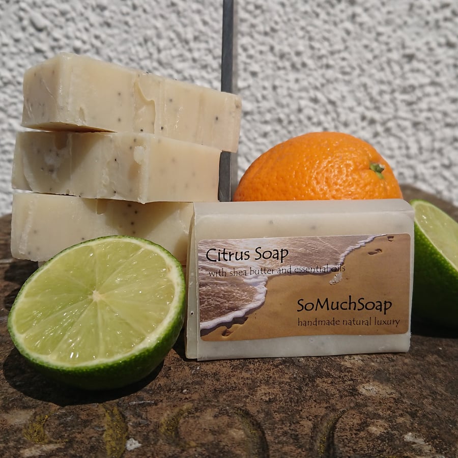 Citrus soap, mild exfoliation, luxurious, handmade, vegan and zero waste.