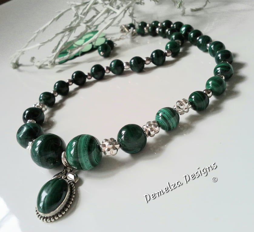 Designer Malachite Hand Crafted Sterling Silver Necklace