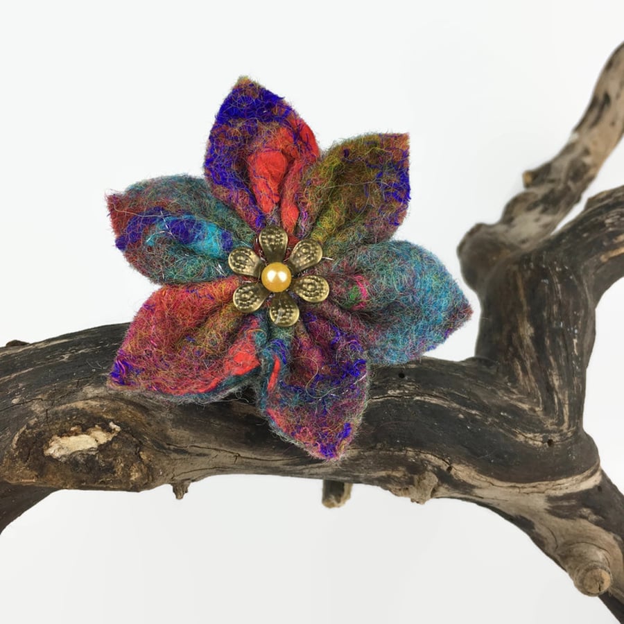 Multicoloured felt flower brooch with pearl centre (muted colours)