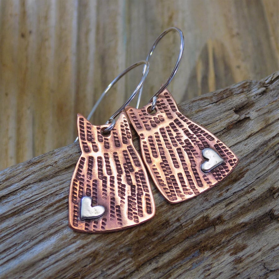 Copper and silver 'kitty love heart' earrings