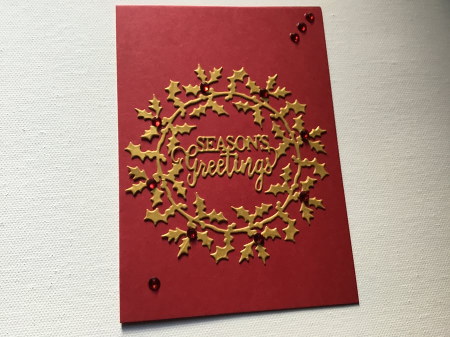 Red and gold wreath Christmas card. CC614