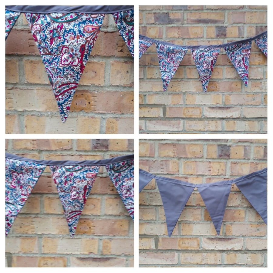 Bunting in teal and cherry red pattern fabric.