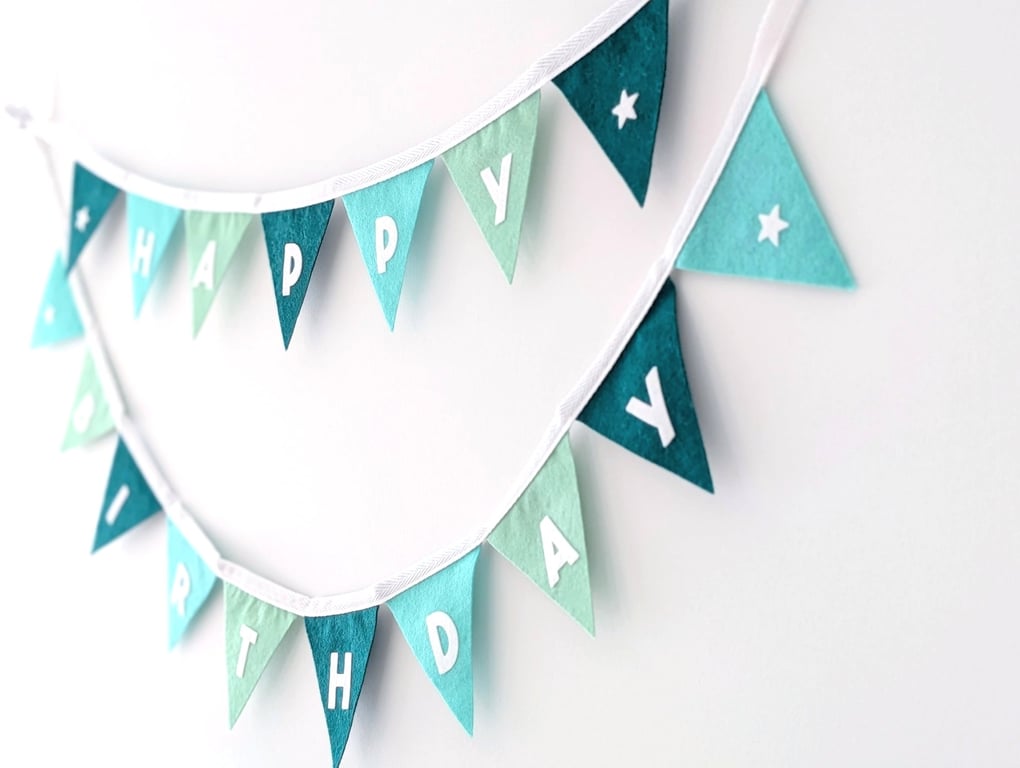 Felt Happy Birthday Bunting in Calming Sea Greens - Reusable Party Banner