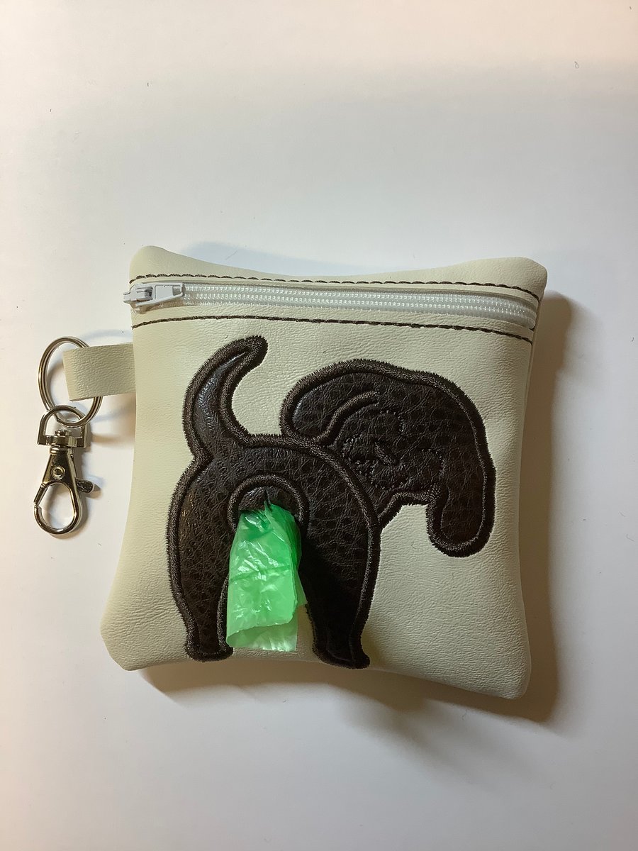 Attractive Embroidered Labrador Cream faux leather dog poo bag ,dog walking,