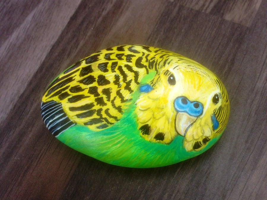 Budgie hand painted pet on rock 