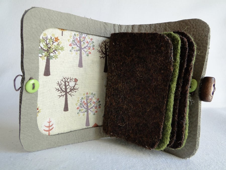 Needle Case in Soft Grey Leather with Tree Fabric Interior - Needle Book