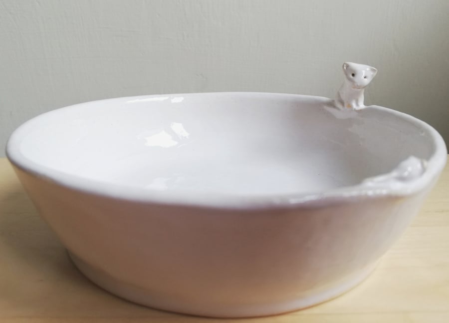 White ceramic cat bowl handmade with tiny cat and mouse