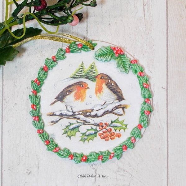 Robin mixed media hanging decoration. Robin ornament. Robin decoration.