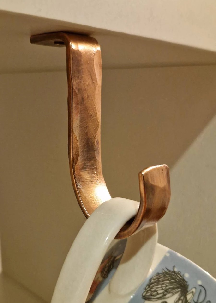 Hammered Undercounter Copper Hook Kitchen Undershelf  Mug Cup Holder