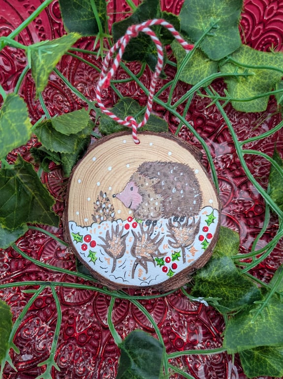 Hedgehog hand-painted Christmas log slice decoration 