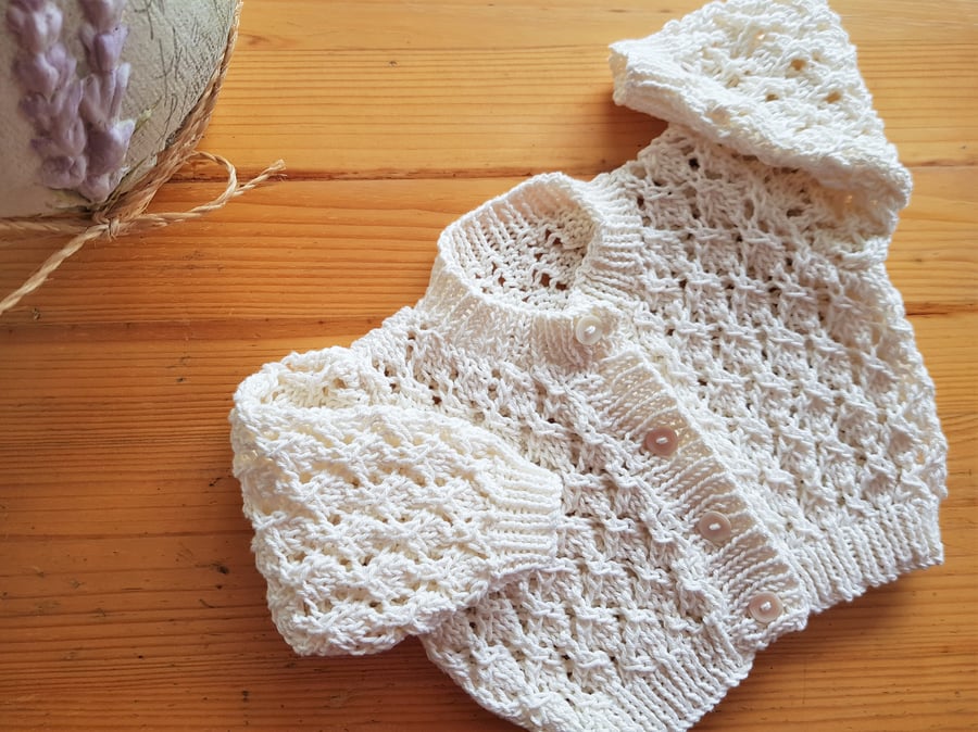 Hand Knitted Cream Lacy Cotton Baby Cardigan 16"