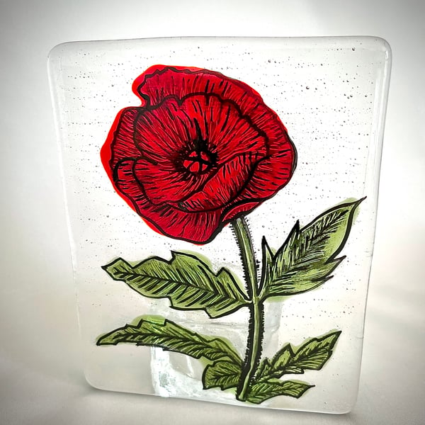 Fused Glass Painted Poppy Candle Holder