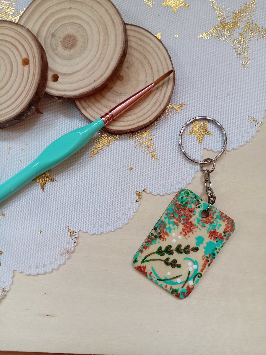 Wooden rectangular leaf style keyring 