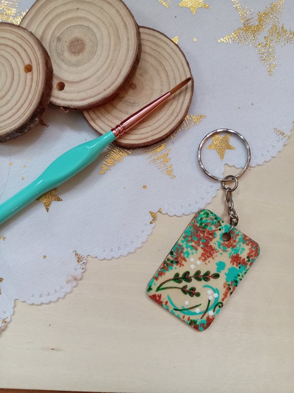 Wooden rectangular leaf style keyring 