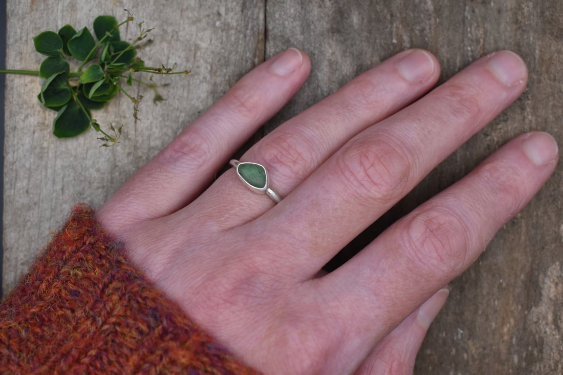 Sea Glass & Recycled Sterling Silver Ring, Size L, Teal Green Scottish Sea Glass