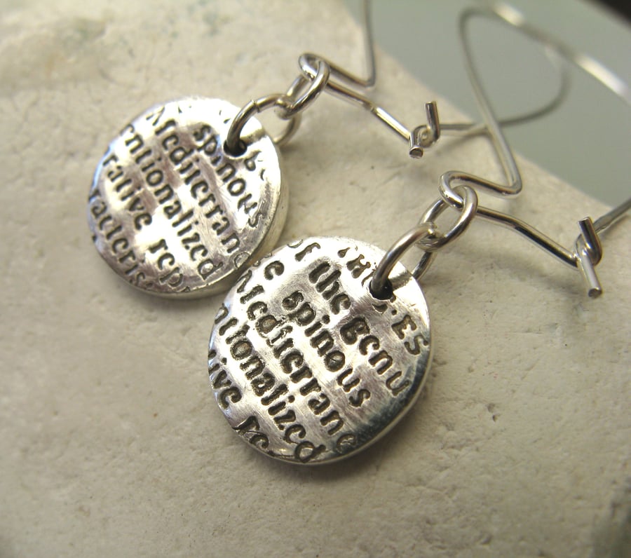 Fine silver disc earrings with text pattern 