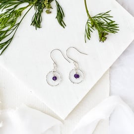Amethyst and Sterling Silver Sparkly Slim Circle Earrings 