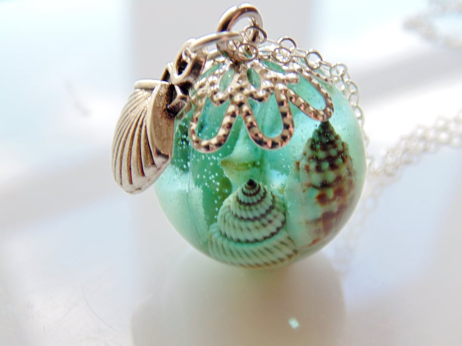 Starfish Orb Necklace, Mermaid Necklace, Aqua Shell Pendant