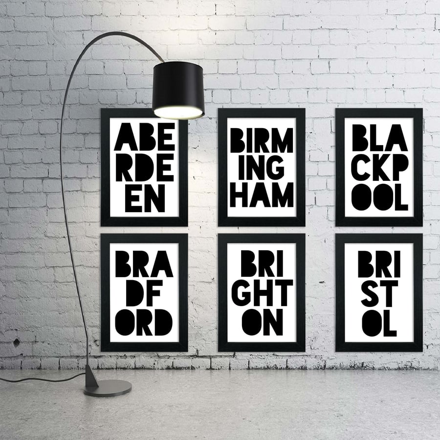 Place, city, town names block font typography print