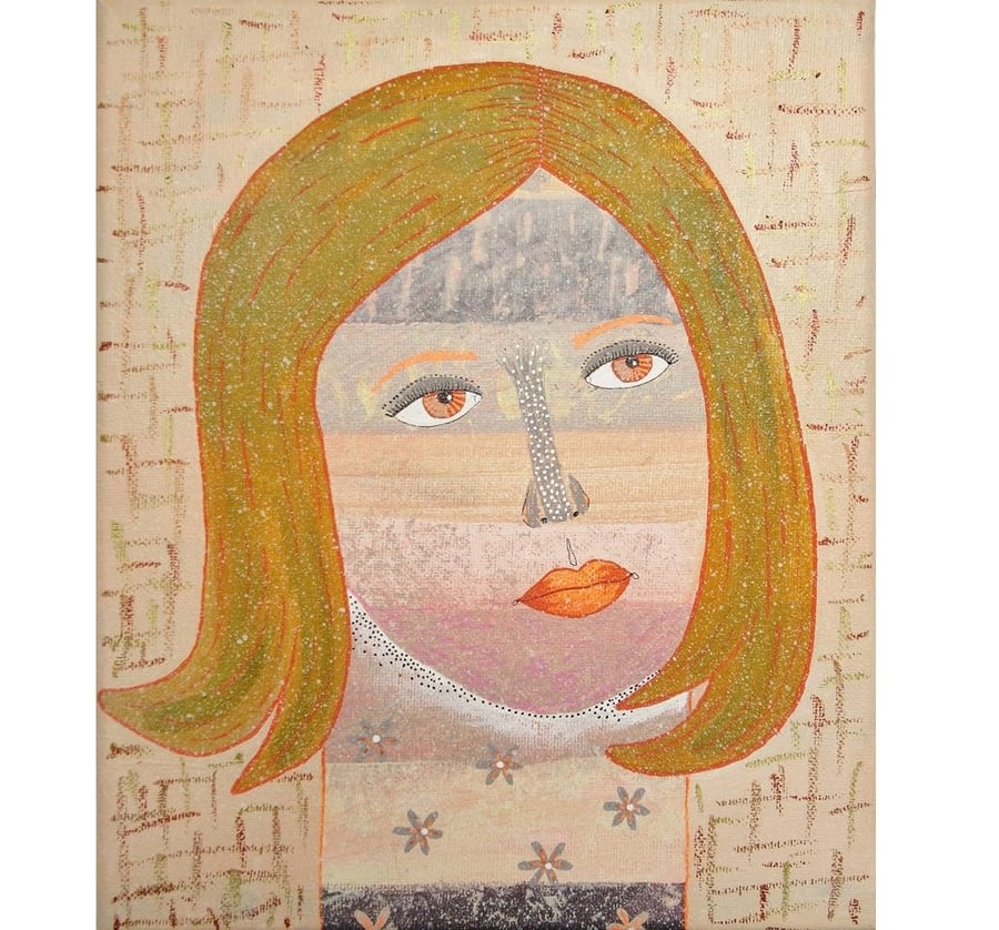 Original Female Portrait Painting Boho Woman Girl Face On Canvas Beige Orange