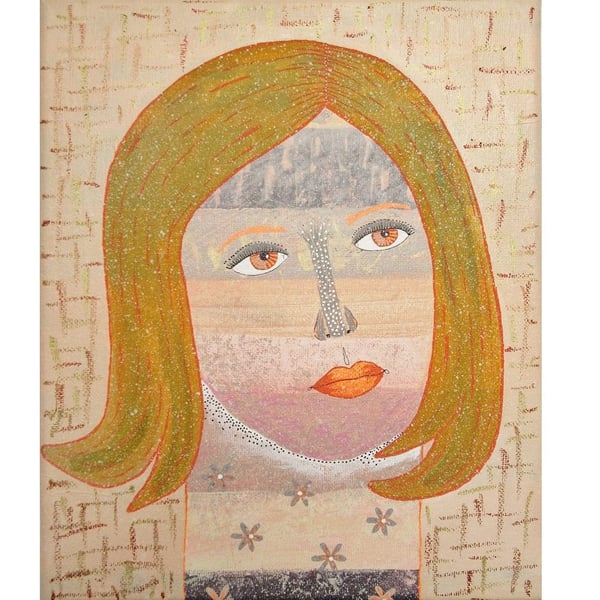 Original Female Portrait Painting Boho Woman Girl Face On Canvas Beige Orange