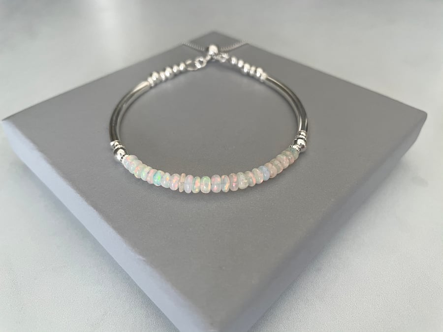 Ethiopian Opal Sterling Silver Noodle Bracelet with Slider Clasp