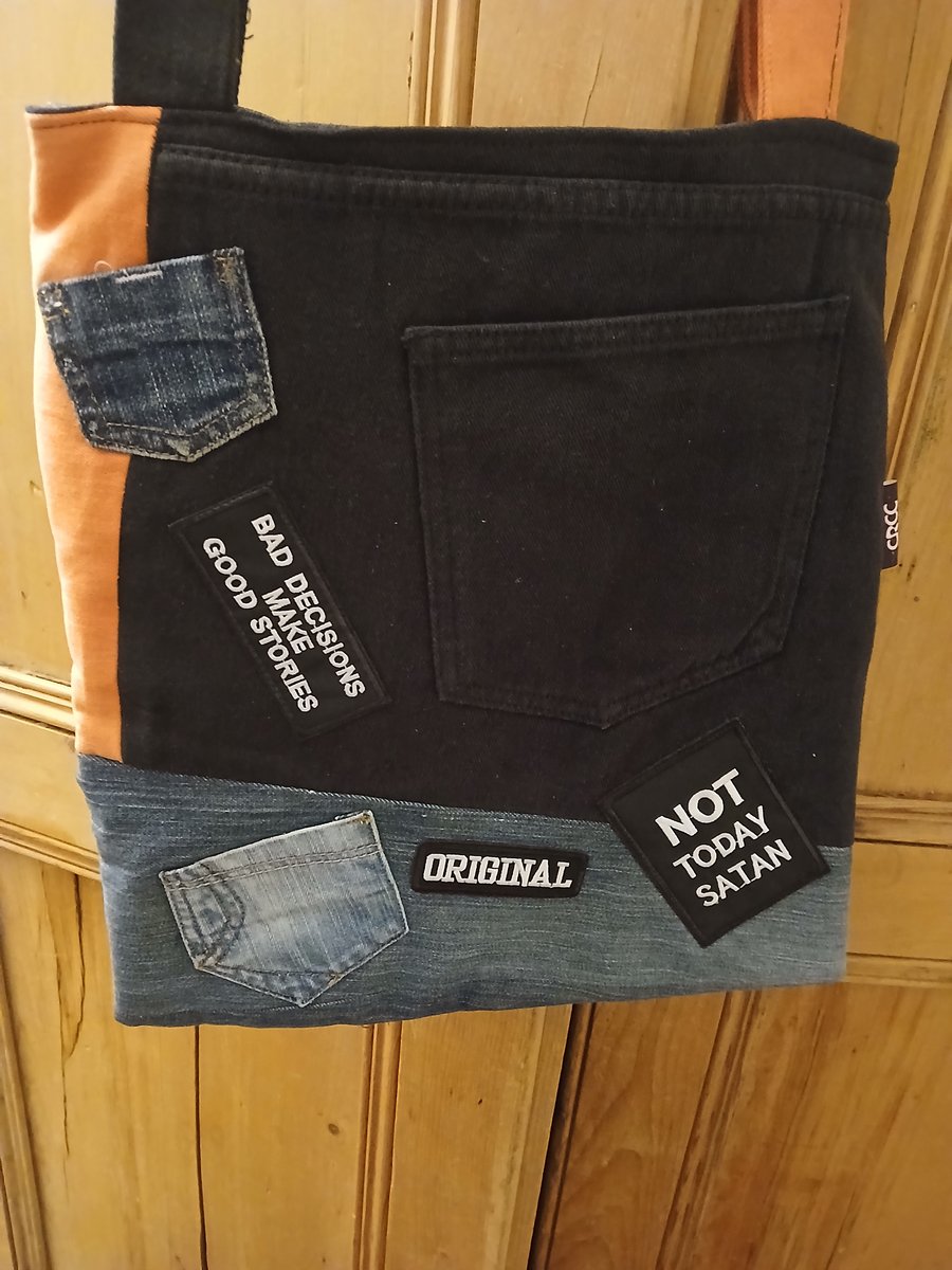 Reversible patchwork denim tote bag with 6 pockets and fun badges- YOU choose!