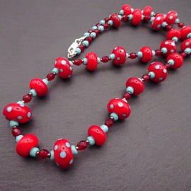 red and turquoise blue polka dot lampwork glass bead necklace