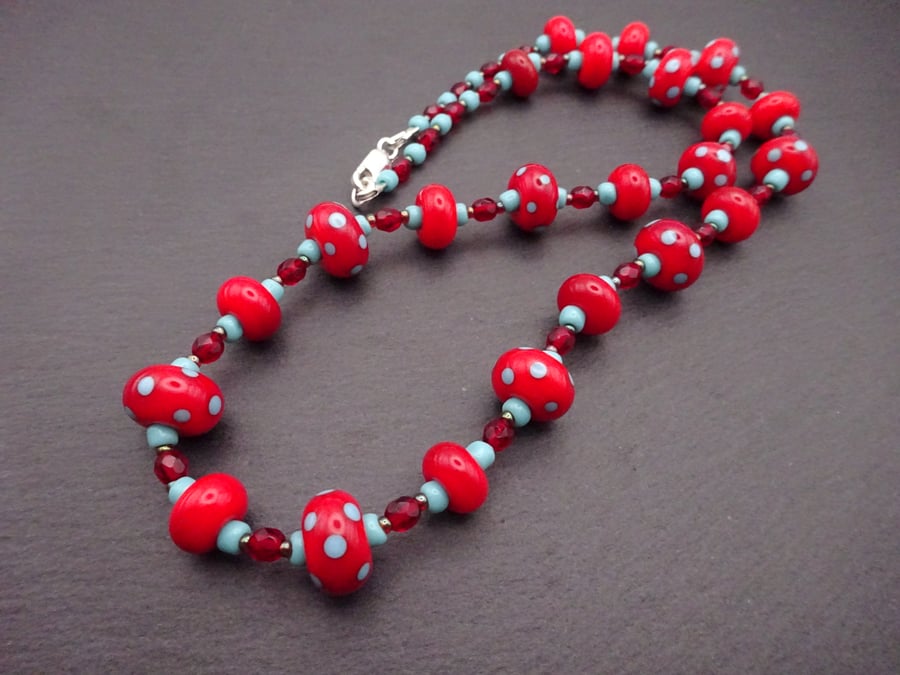 red and turquoise blue polka dot lampwork glass bead necklace