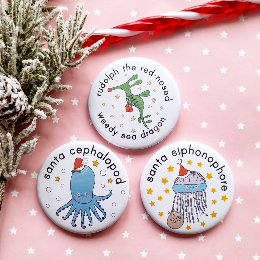 sea creatures christmas badge set - 3 58mm handmade badges