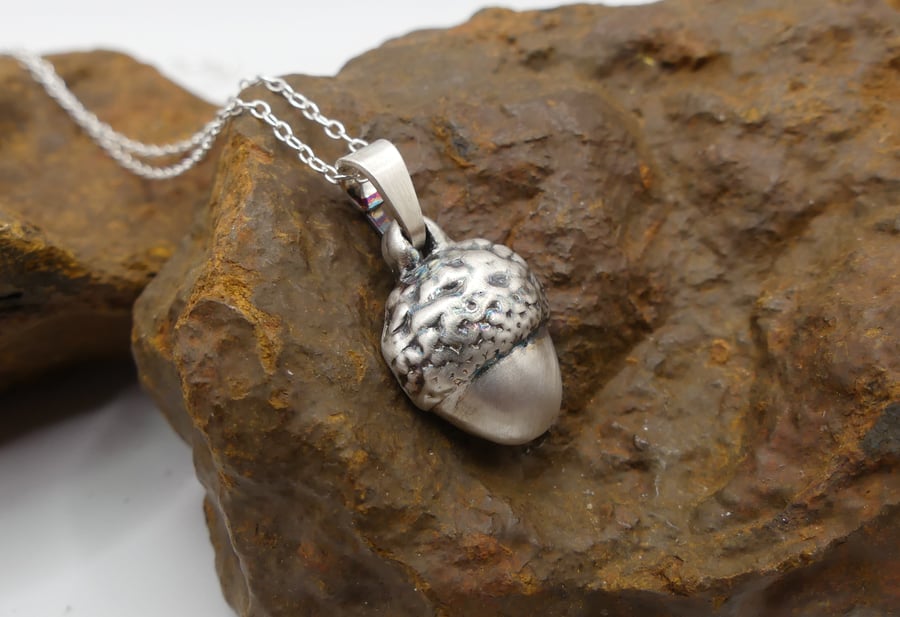 Recycled Sterling Silver Real Acorn Mould Pendant Necklace.