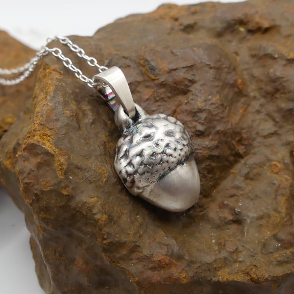 Recycled Sterling Silver Real Acorn Mould Pendant Necklace.