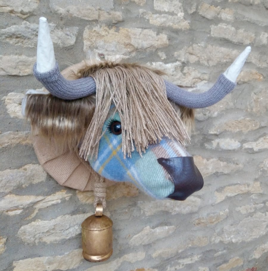 Faux taxidermy Stewart tartan muted blue Highland Cow Coo animal head wall mount