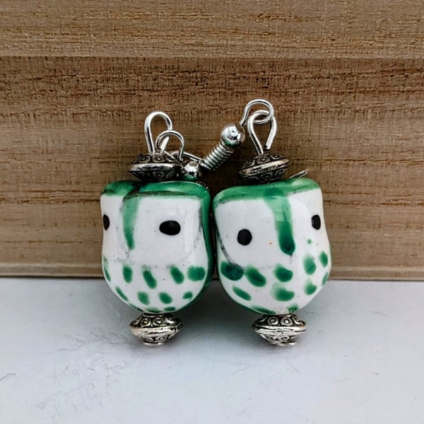 Green ceramic owl earrings