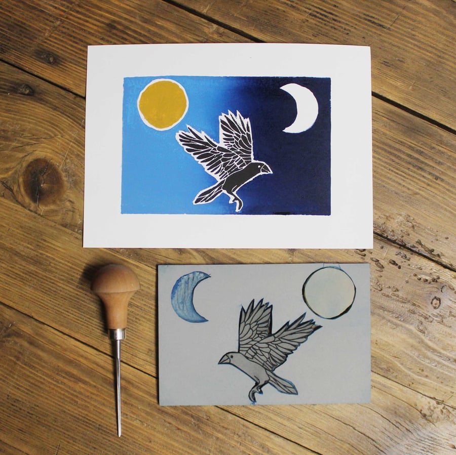 The Raven A5 Lino print