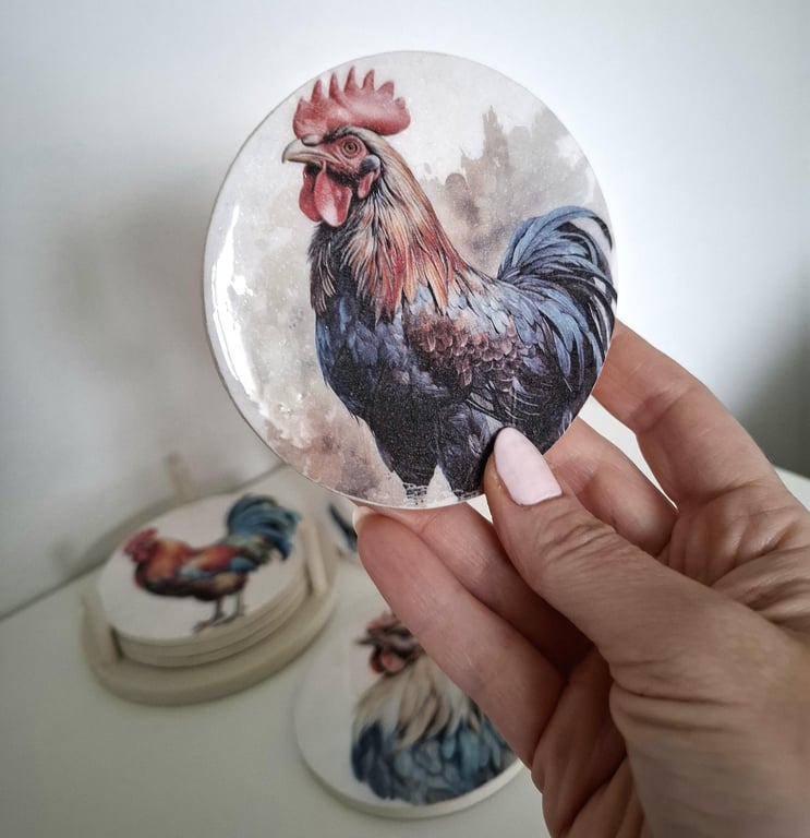 Set of 6 Decoupaged Rooster Wooden Coasters, Farmhouse Drink Mats Holder