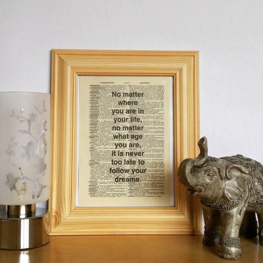 Unframed 1948 Dictionary Page Quote Print - "Follow Your Dreams"- Print Only