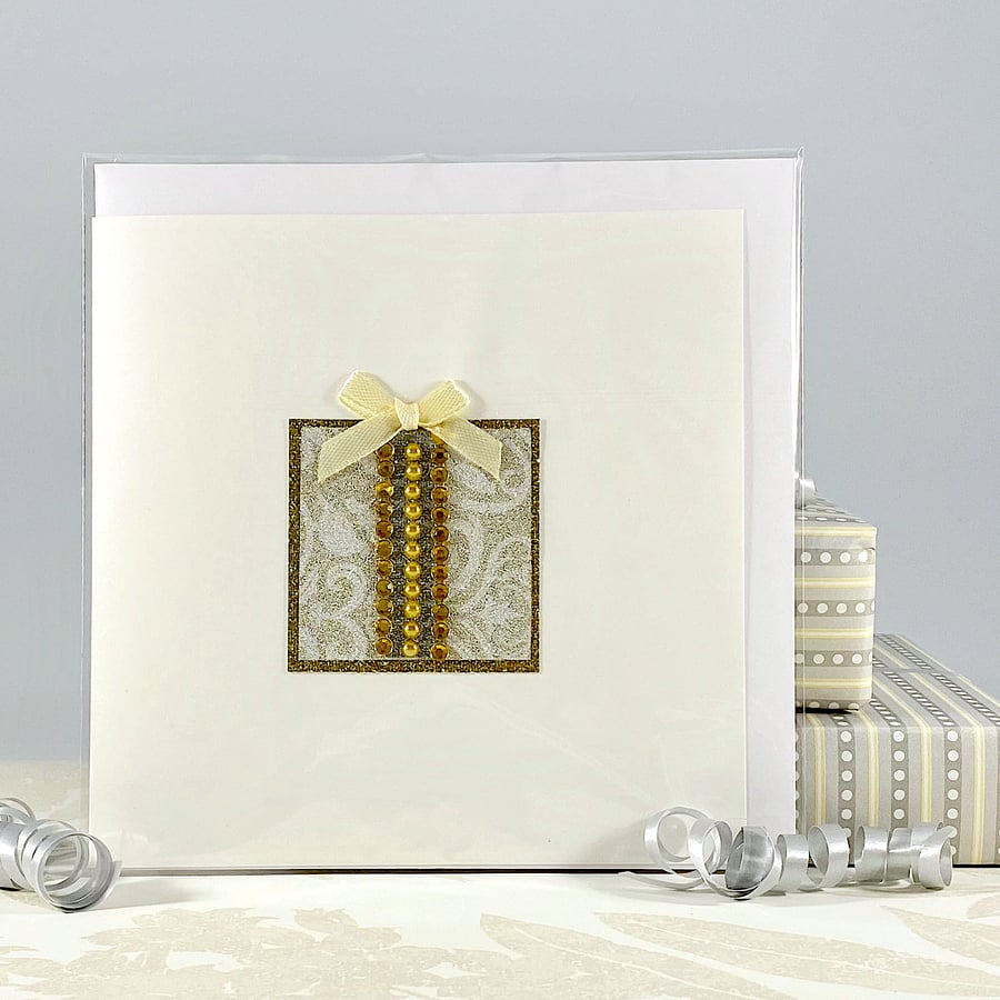 Handmade birthday card - faux jewels diamonds, topaz birthday gift golden