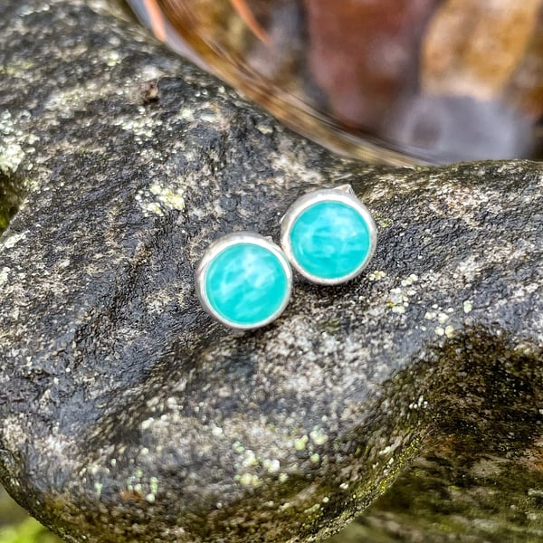 Amazonite stud earrings , sterling silver