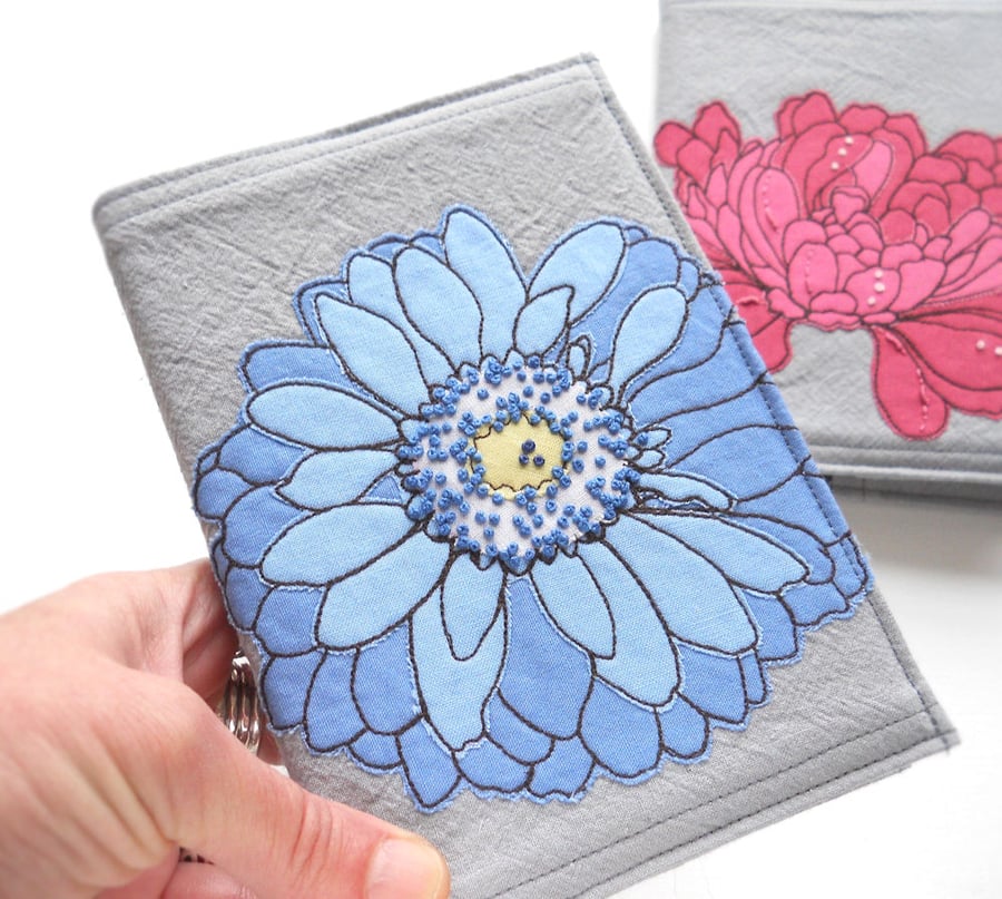 A6 free motion and hand embroidered floral notebook - blues