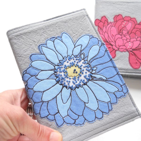 A6 free motion and hand embroidered floral notebook - blues