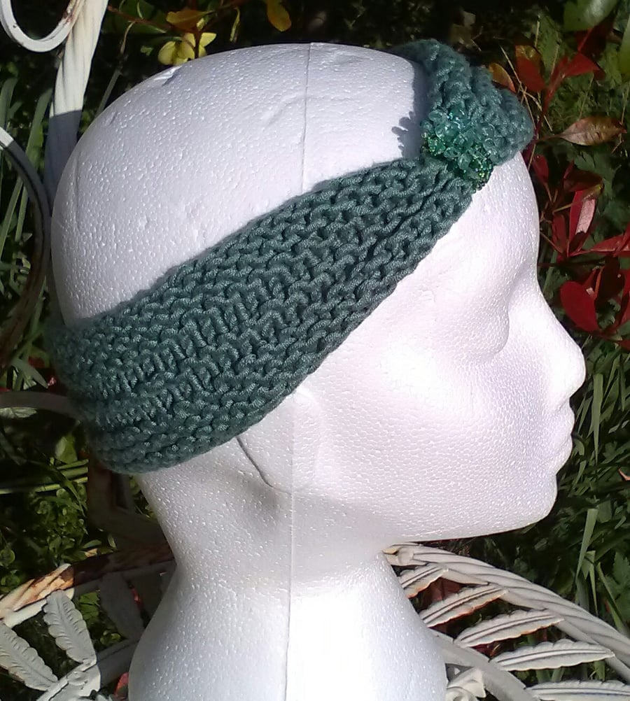 SKINNY BLINGY HAIRBAND HandKnit BAMBOO Sage Green Medium