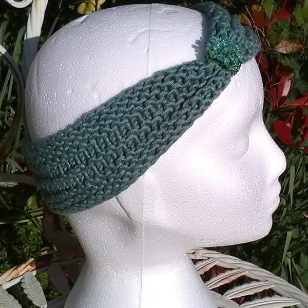 SKINNY BLINGY HAIRBAND HandKnit BAMBOO Sage Green Medium