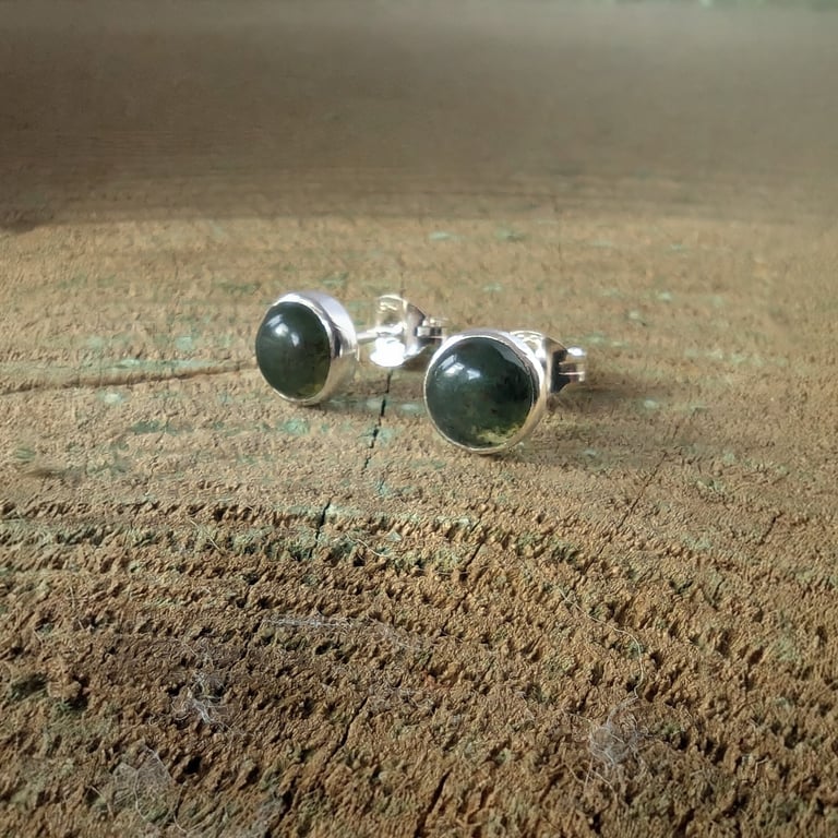 Recycled Handmade Sterling Silver Moss Agate Stud earrings