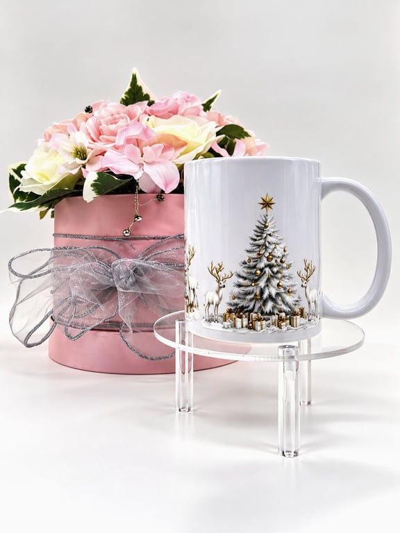 Christmas Tree & Reindeer Mug – White and Gold Festive Design