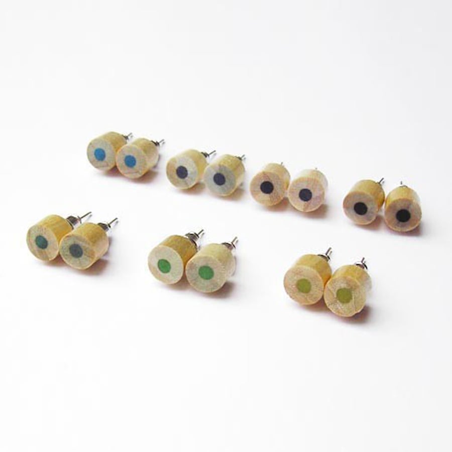wooden colour pencil ear studs, green, blue and black collection
